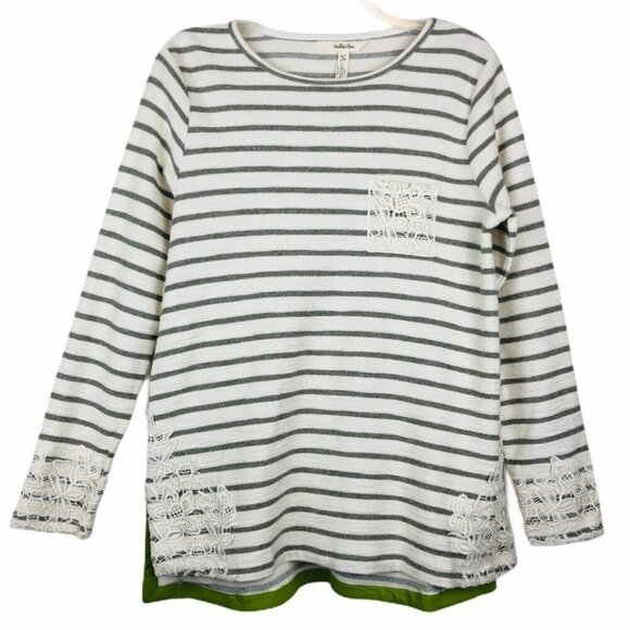 Matilda Jane Grey Stripe Tunic Top Ivory Lace Trim Long Sleeve NWOT Size S - Picture 1 of 9